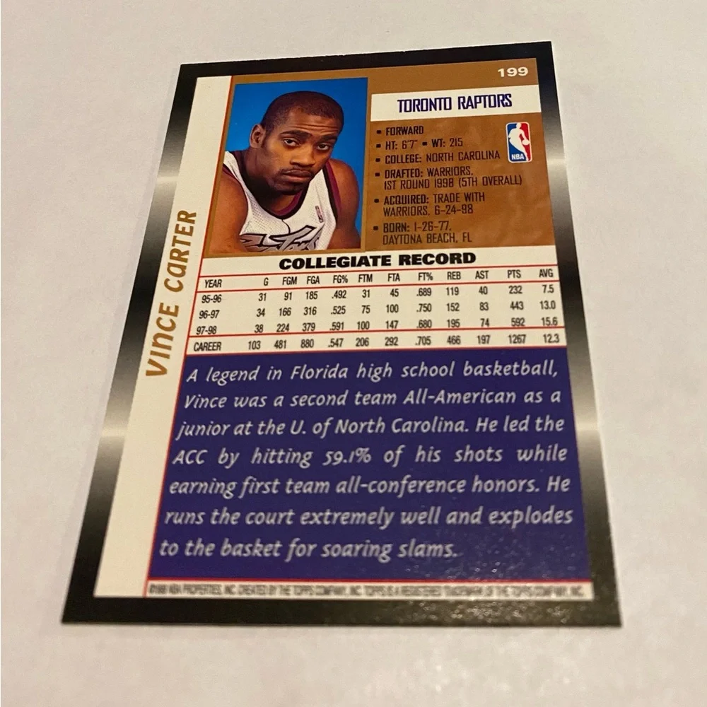 Vince Carter RC Rookie 1999 Topps Basketball Card # 199 Toronto Raptors Vintage
